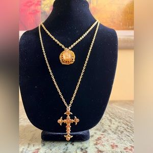 NY Double Cameo & Cross Necklace, 24”s long w/a beautiful cross w/ Smokey stones